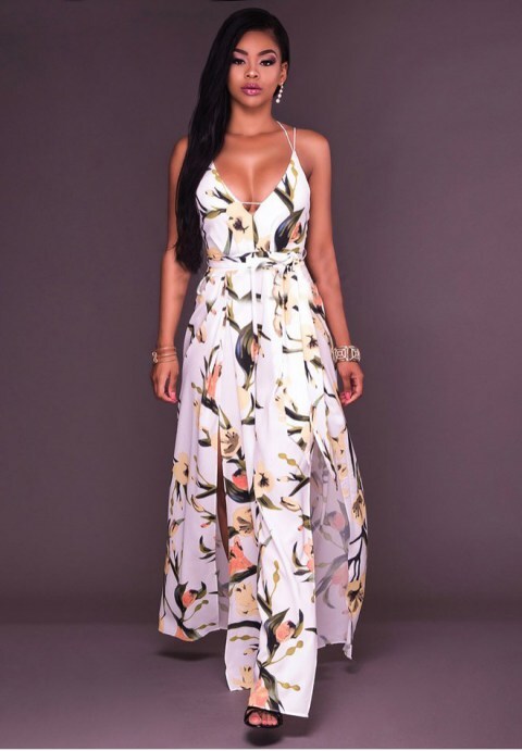 Bloom Allure: Floral Slit-Leg Jumpsuit with Strappy Back