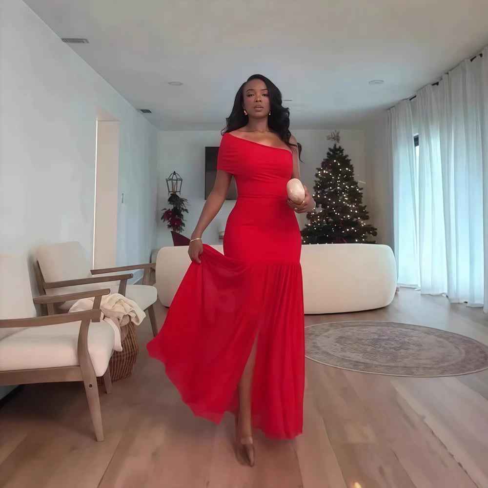 Maxi Dress  Elegant Skew Neck One Sleeve Off Shoulder Slit Long Dresses