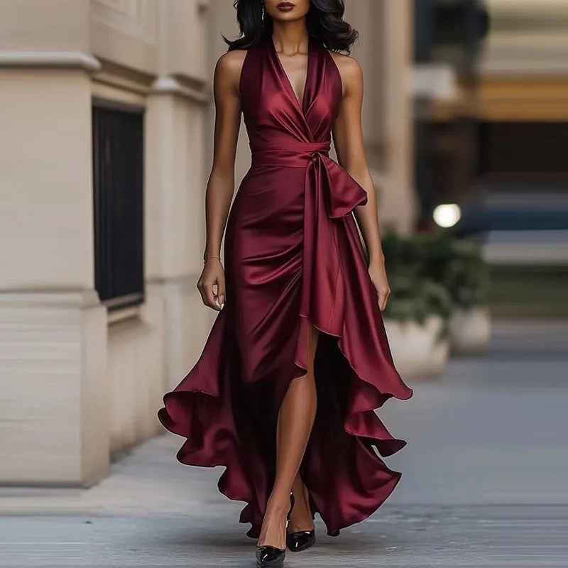 V-Neck Irregular Satin Evening Dress Slim Solid Color Pleat Dress