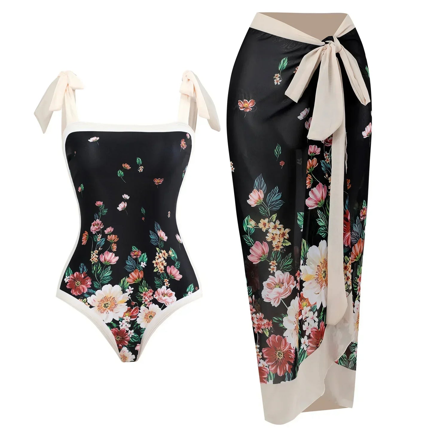 One Piece Swimsuit Bikini With Skirt Swimwear Summer Women Bowknot Cover Up