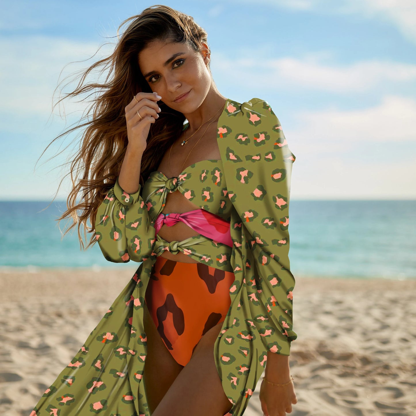 Printed Bikini Set with Wrap Skirt Sarong