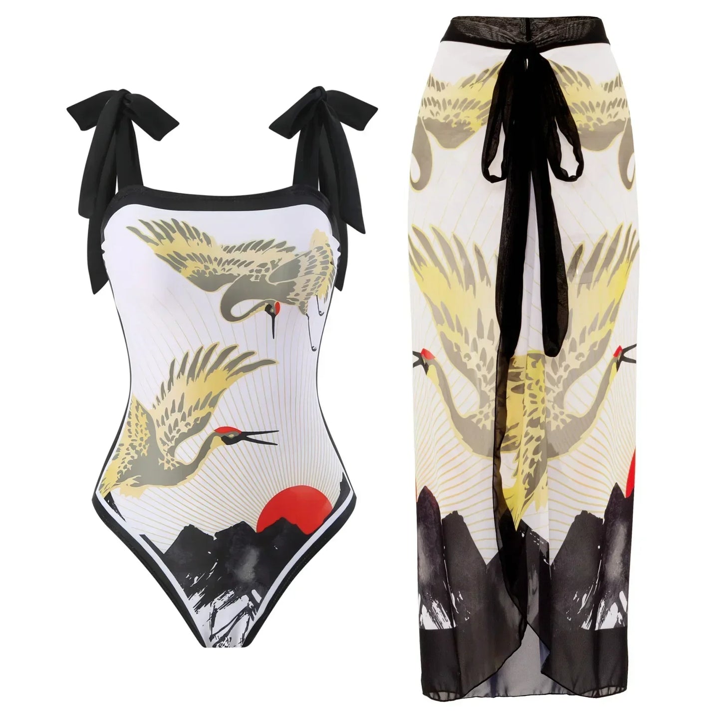 One Piece Swimsuit Bikini With Skirt Swimwear Summer Women Bowknot Cover Up