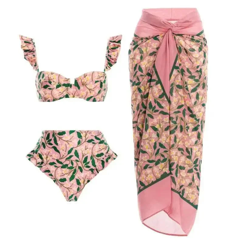 Floral Push-Up Padded Bra Ruffles Bandage Bikini Set Swimsuit Swimwear