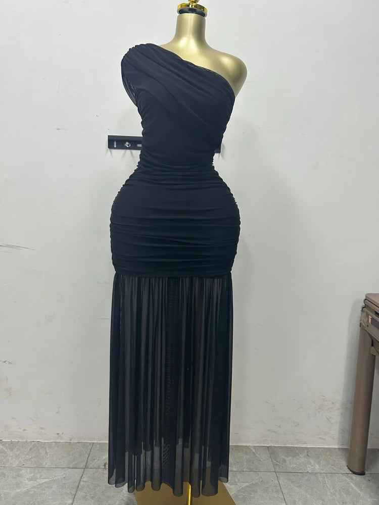 Maxi Dress  Elegant Skew Neck One Sleeve Off Shoulder Slit Long Dresses