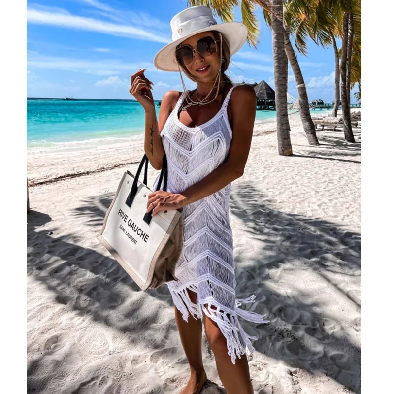 White Crochet Tunic Bikini Cover-Ups Sexy Hollow Out