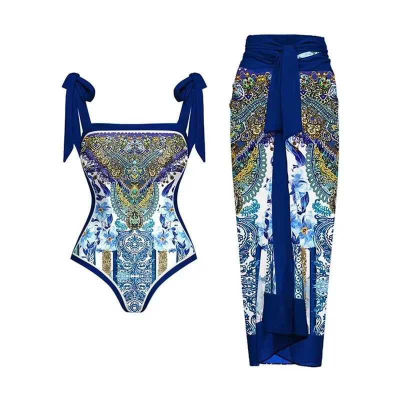 One Piece Swimsuit Bikini With Skirt Swimwear Summer Women Bowknot Cover Up