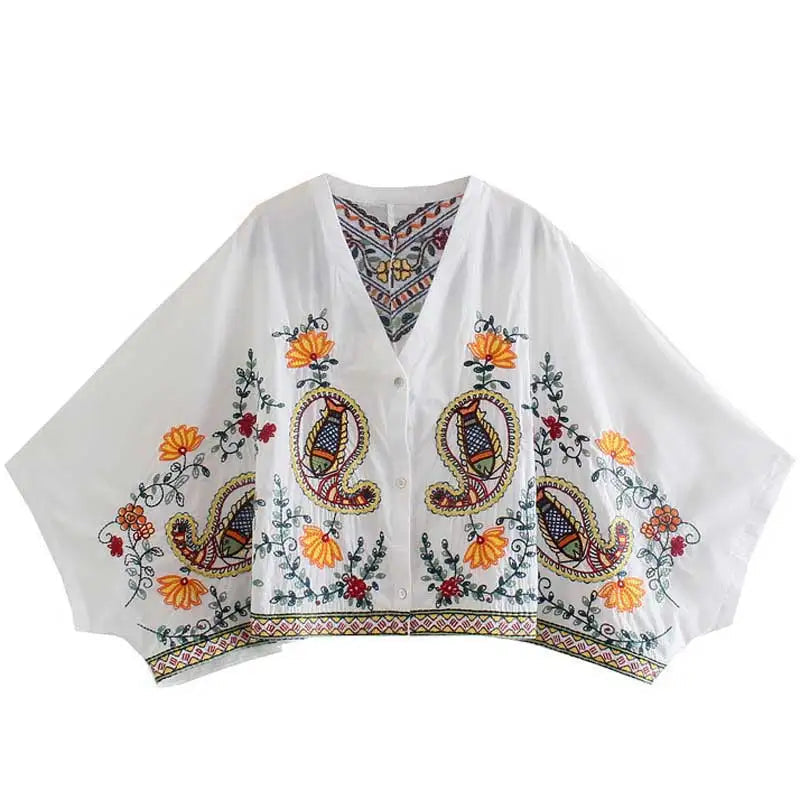 Vestido Boho Inspiración Floral Bordado Escote V Manga Murciélago