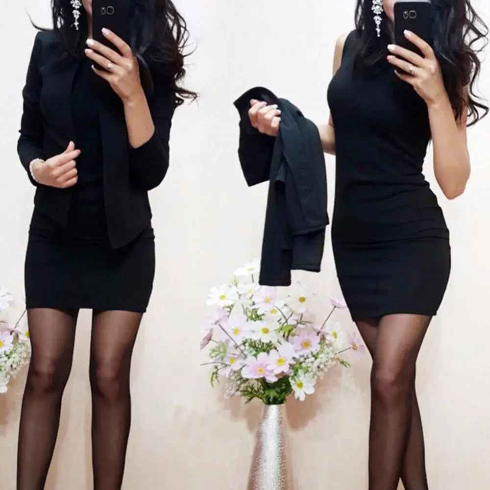 Solid Color Sleeveless Bodycon Dress O Neck 2Pcs/Set Office