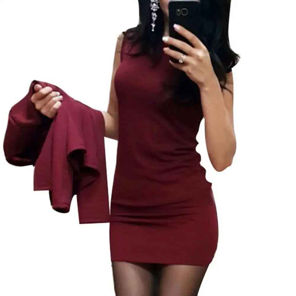Solid Color Sleeveless Bodycon Dress O Neck 2Pcs/Set Office