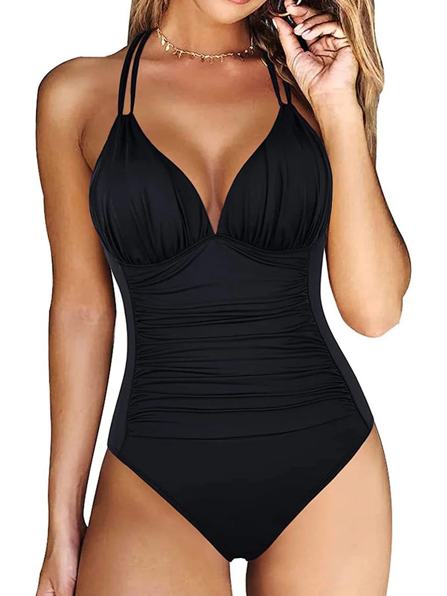 Ruched One Piece Swimsuit for Women - Backless Female Monokini Swimwear