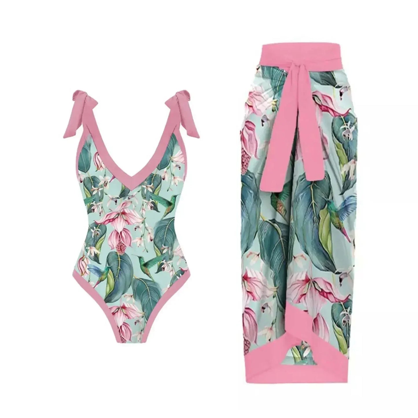 One Piece Swimsuit Bikini With Skirt Swimwear Summer Women Bowknot Cover Up