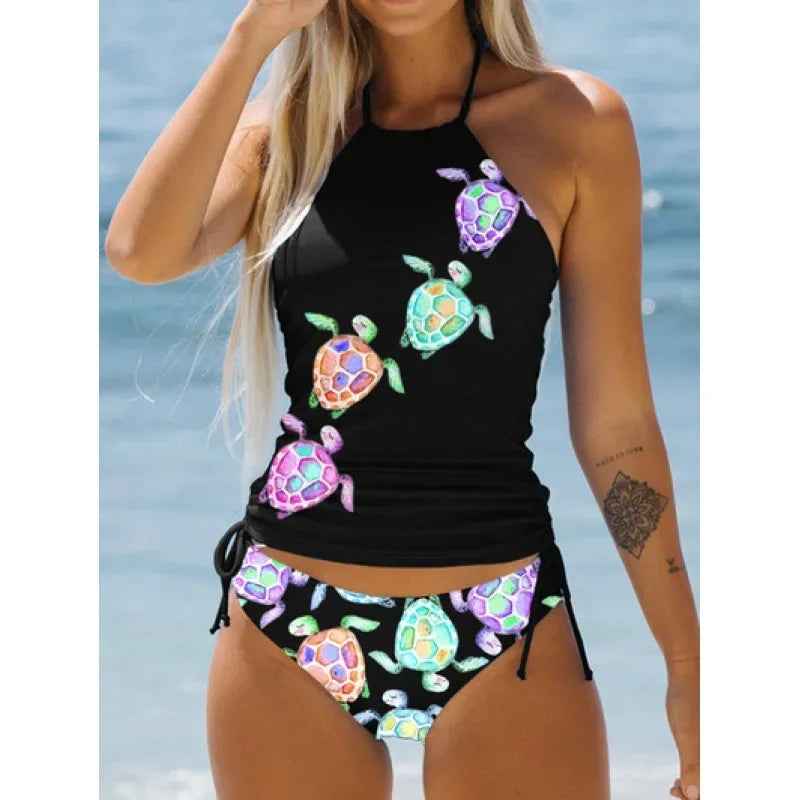 Coconut Print Halter Tankini Set