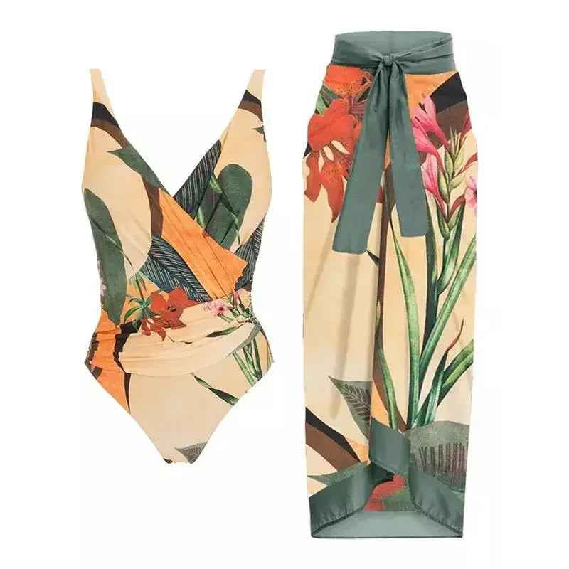 One Piece Swimsuit Bikini With Skirt Swimwear Summer Women Bowknot Cover Up