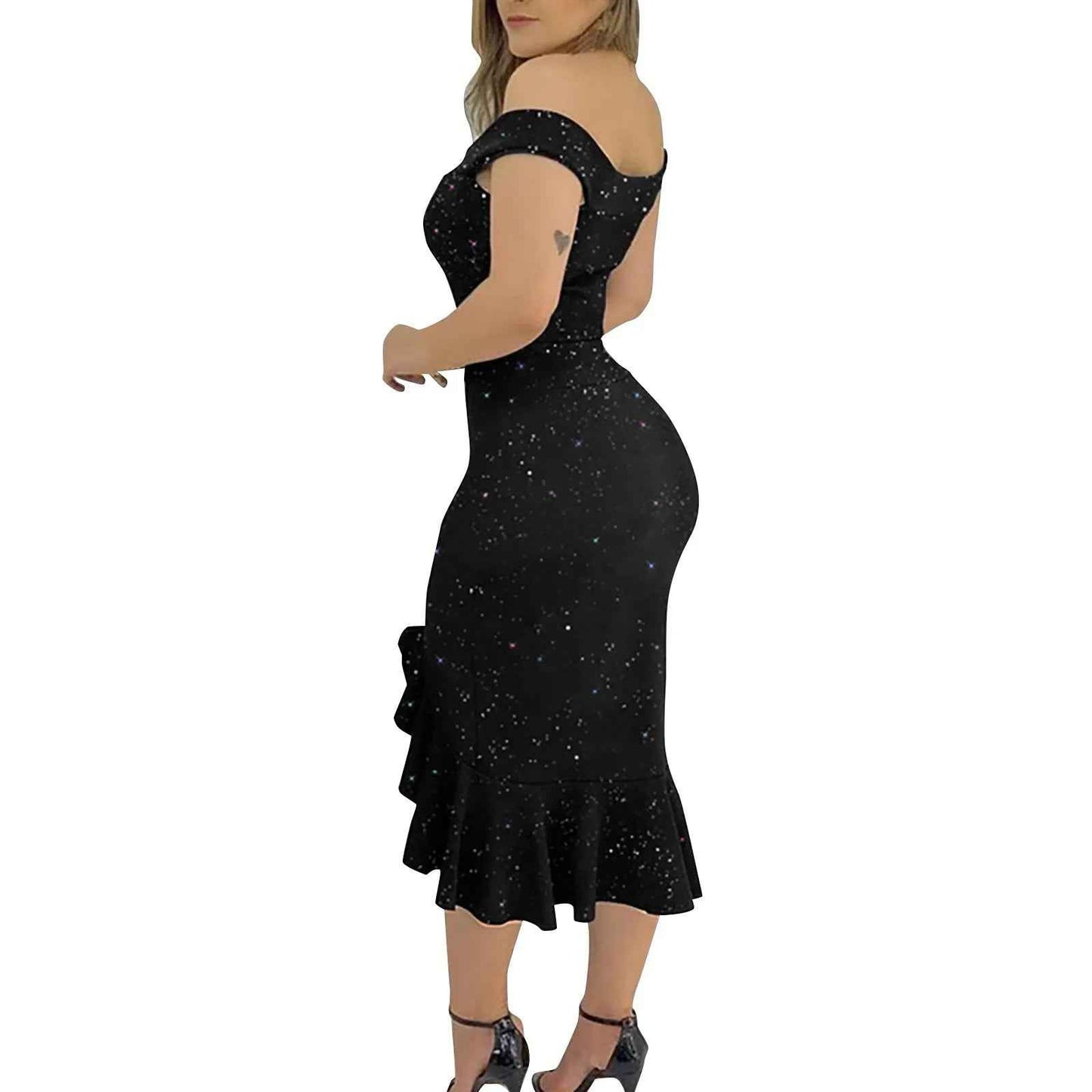 Off Shoulder Split Ruffle Solid Bodycon Knee-Length Dress
