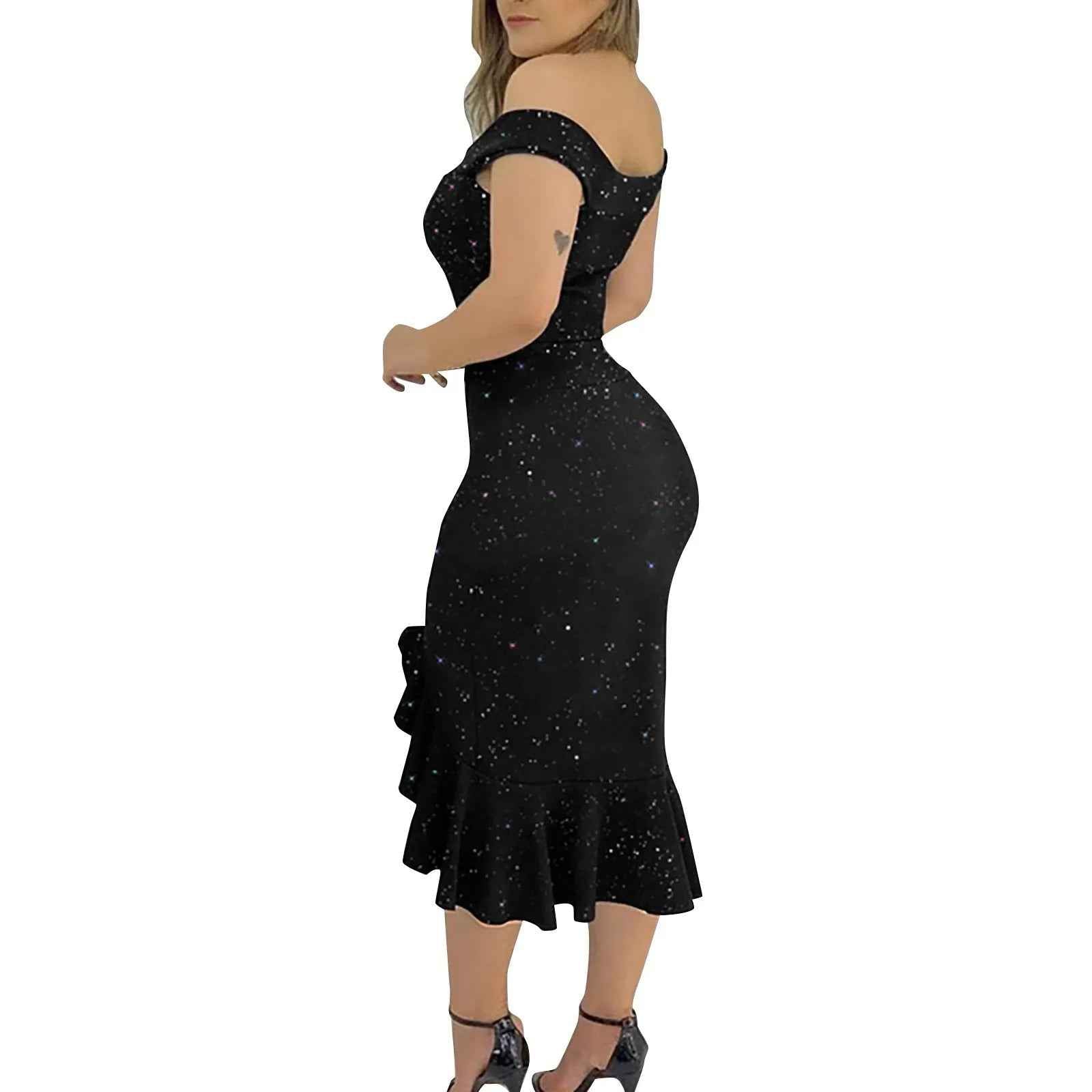 Off Shoulder Split Ruffle Solid Bodycon Knee-Length Dress