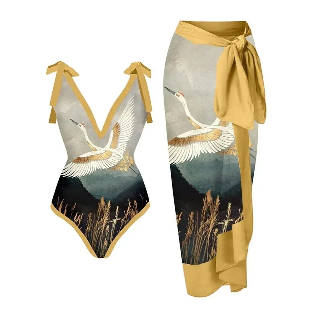 One Piece Swimsuit Bikini With Skirt Swimwear Summer Women Bowknot Cover Up