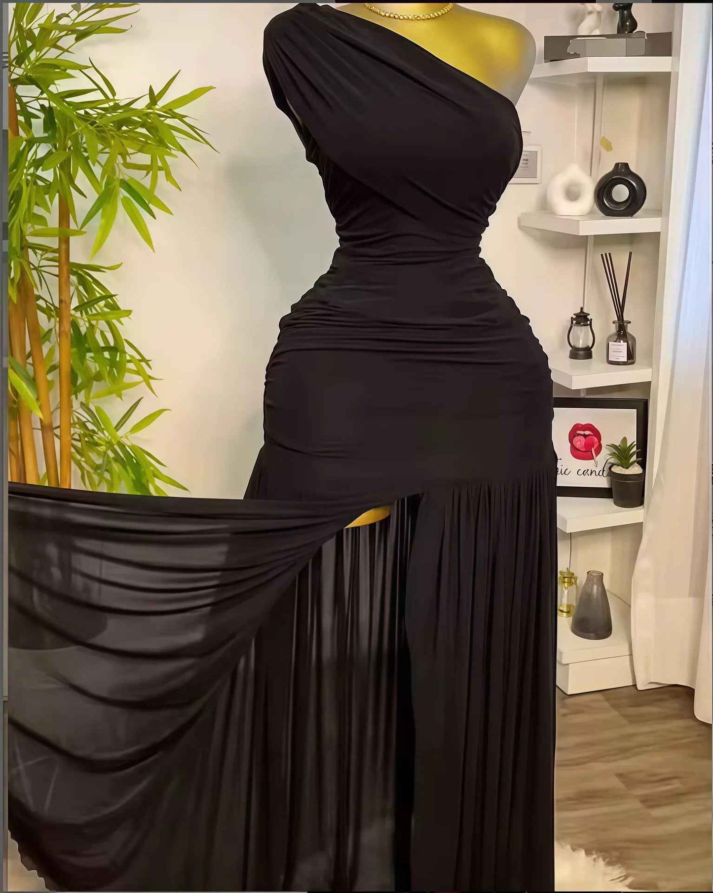 Maxi Dress  Elegant Skew Neck One Sleeve Off Shoulder Slit Long Dresses