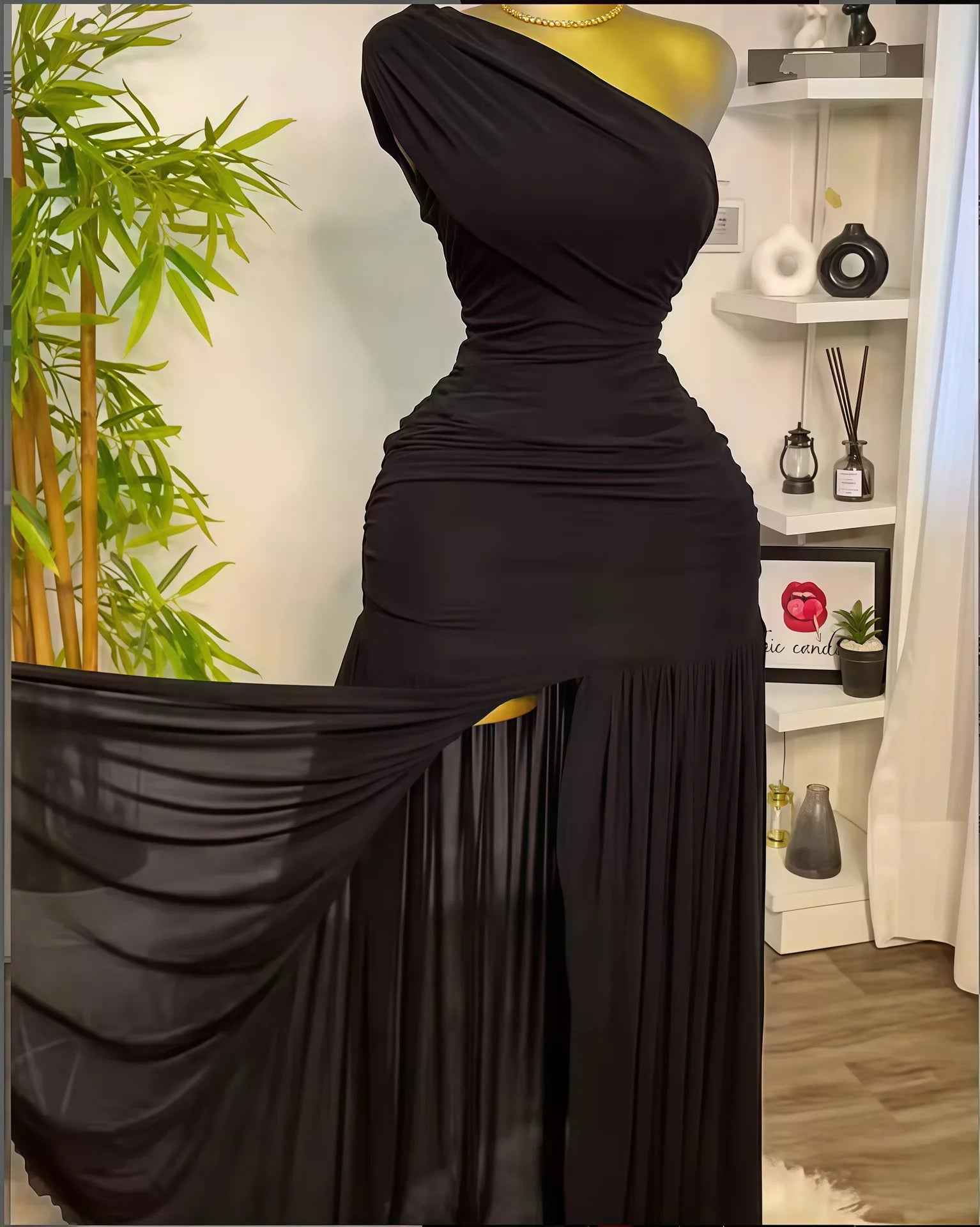 Maxi Dress  Elegant Skew Neck One Sleeve Off Shoulder Slit Long Dresses