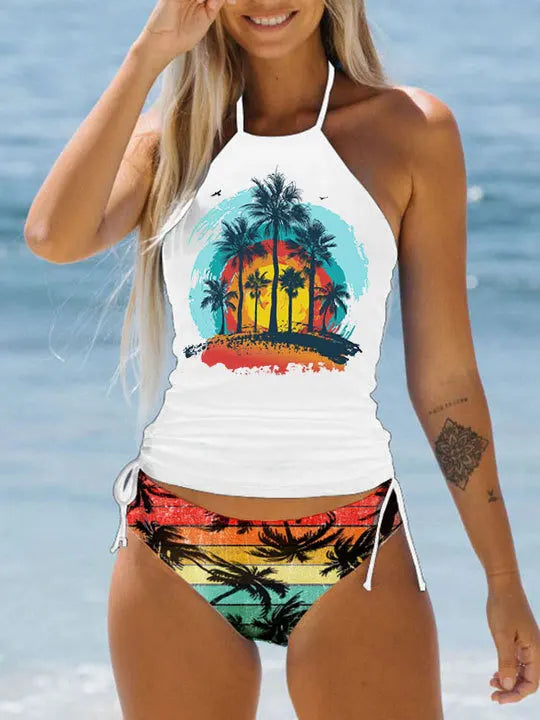 Coconut Print Halter Tankini Set