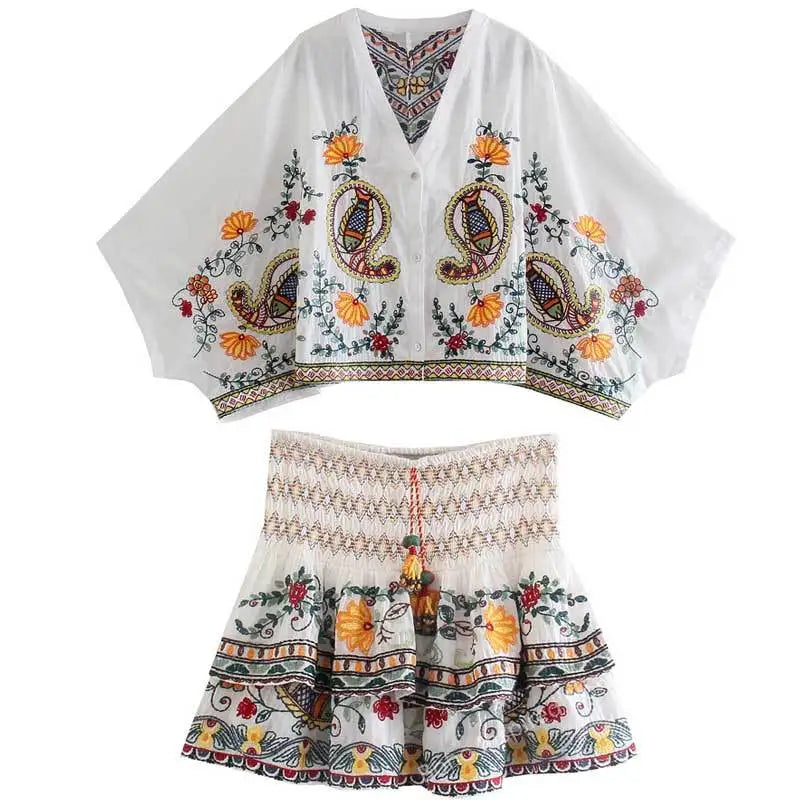 Vestido Boho Inspiración Floral Bordado Escote V Manga Murciélago