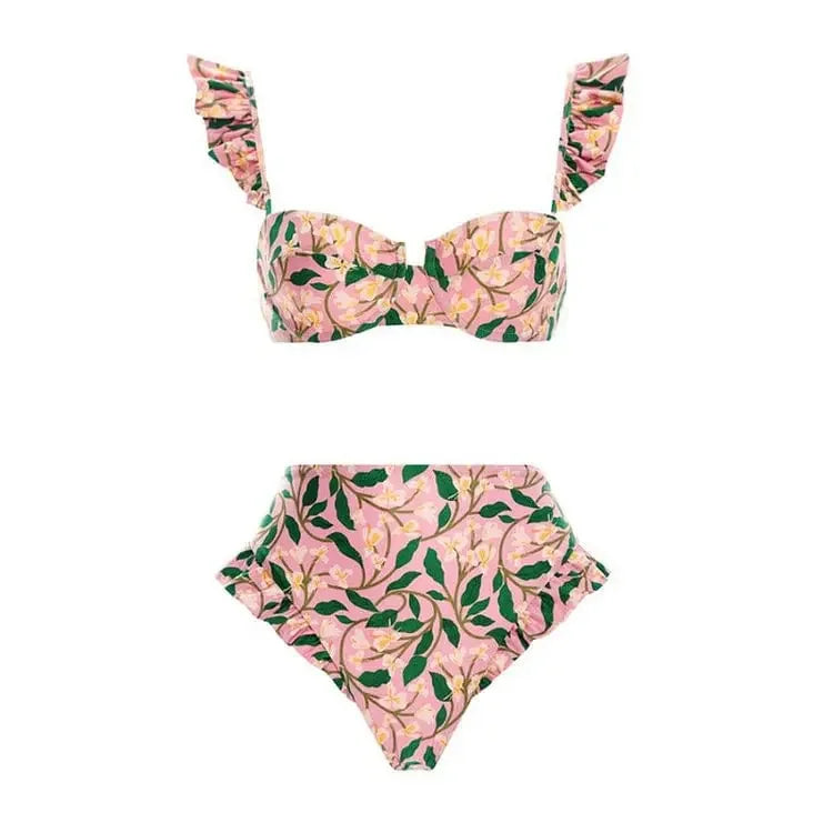 Floral Push-Up Padded Bra Ruffles Bandage Bikini Set Swimsuit Swimwear