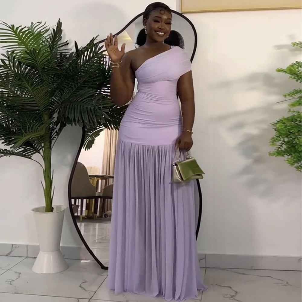 Maxi Dress  Elegant Skew Neck One Sleeve Off Shoulder Slit Long Dresses