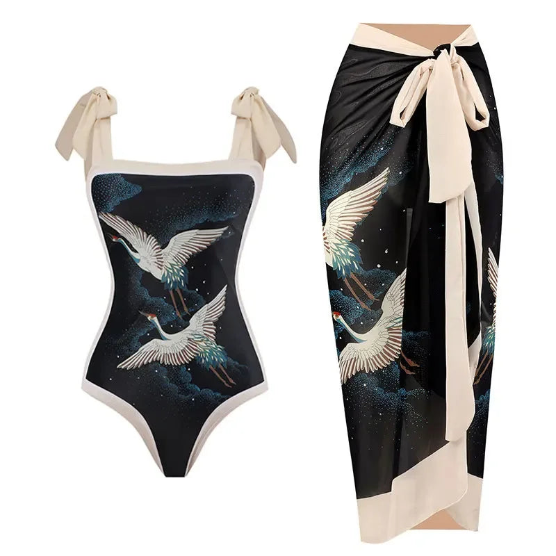 One Piece Swimsuit Bikini With Skirt Swimwear Summer Women Bowknot Cover Up