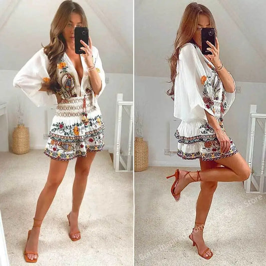 Vestido Boho Inspiración Floral Bordado Escote V Manga Murciélago