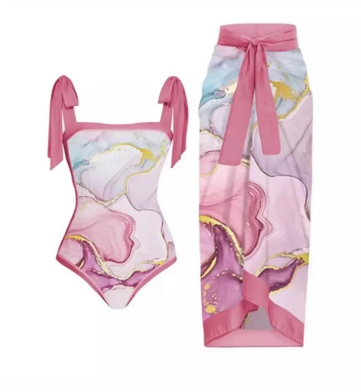One Piece Swimsuit Bikini With Skirt Swimwear Summer Women Bowknot Cover Up