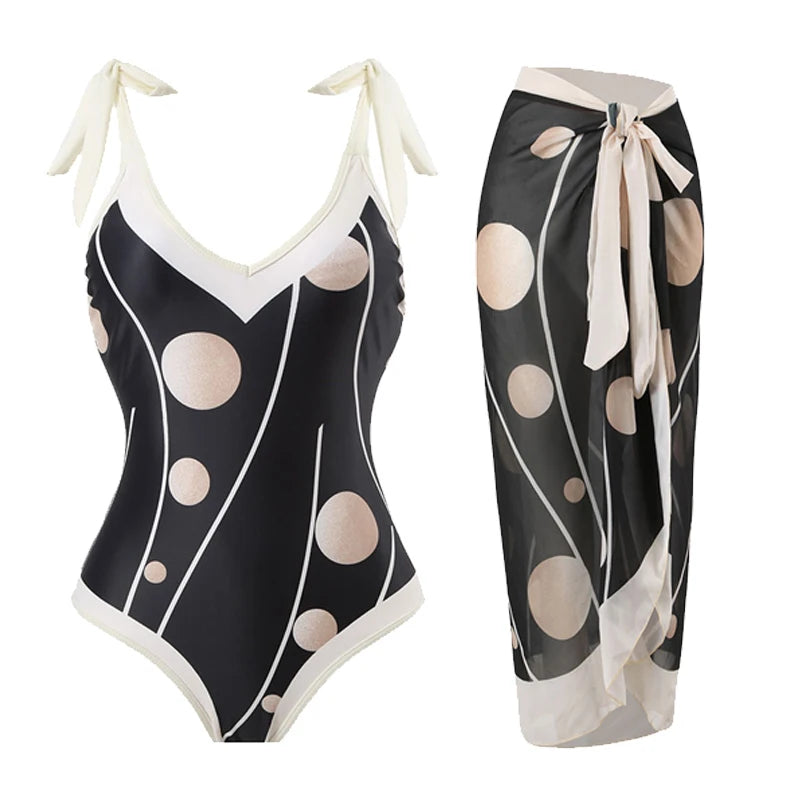 One Piece Swimsuit Bikini With Skirt Swimwear Summer Women Bowknot Cover Up