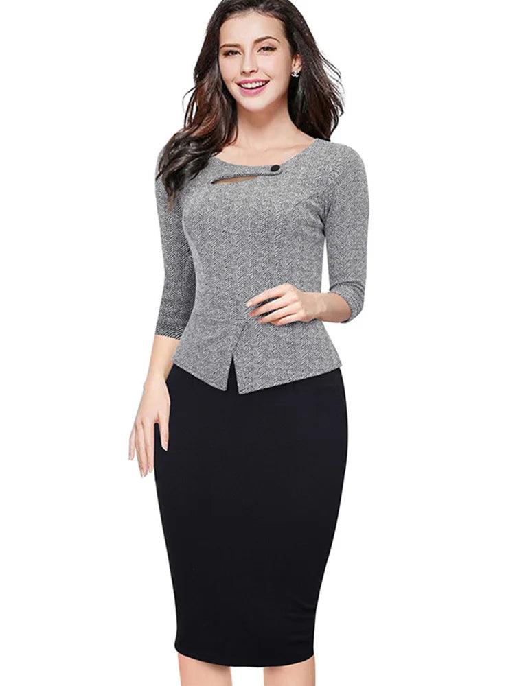 Print Floral Patchwork Button Business Three Quarter Zip Back Bodycon Dress