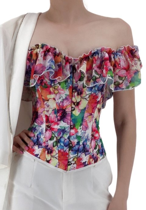 Victorian Bloom: Overbust Floral Corset with Puff Sleeves