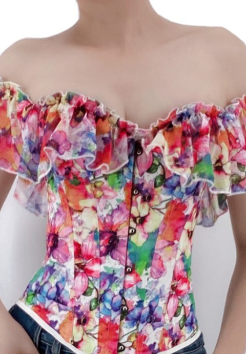 Victorian Bloom: Overbust Floral Corset with Puff Sleeves