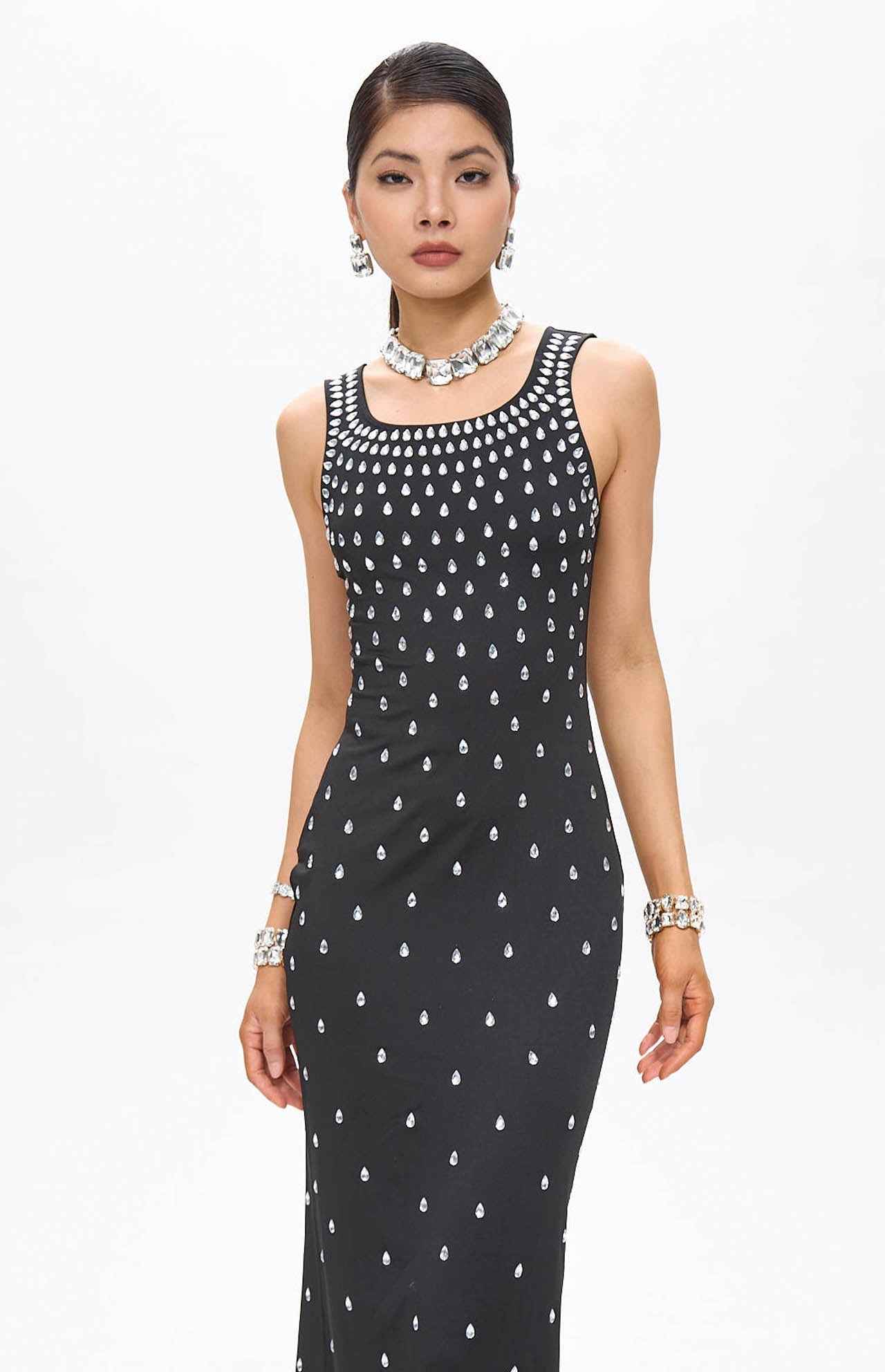 Zaka Black Embellished Crystal Maxi Dress