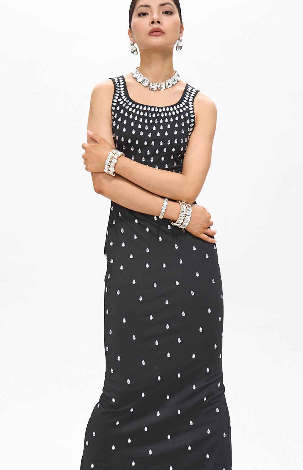 Zaka Black Embellished Crystal Maxi Dress