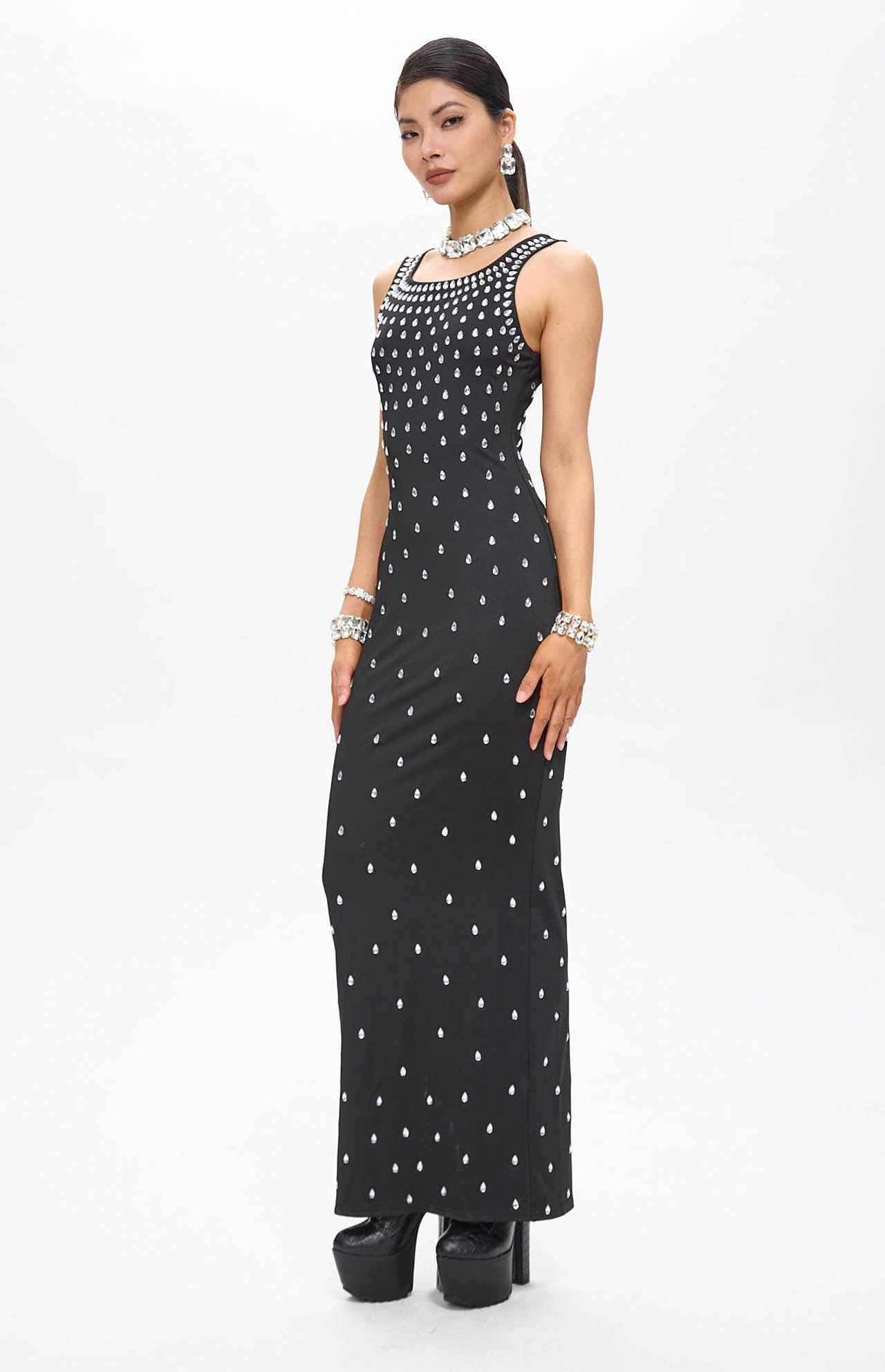Zaka Black Embellished Crystal Maxi Dress