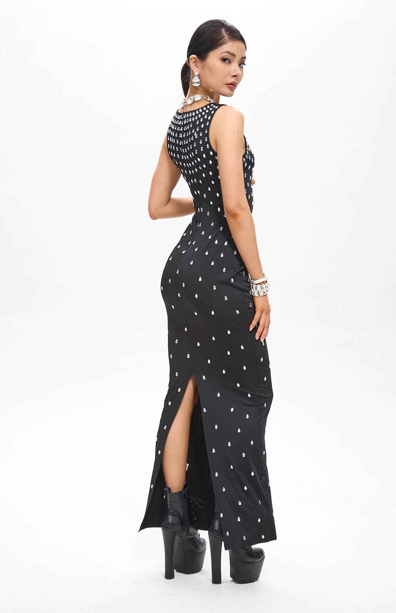 Zaka Black Embellished Crystal Maxi Dress
