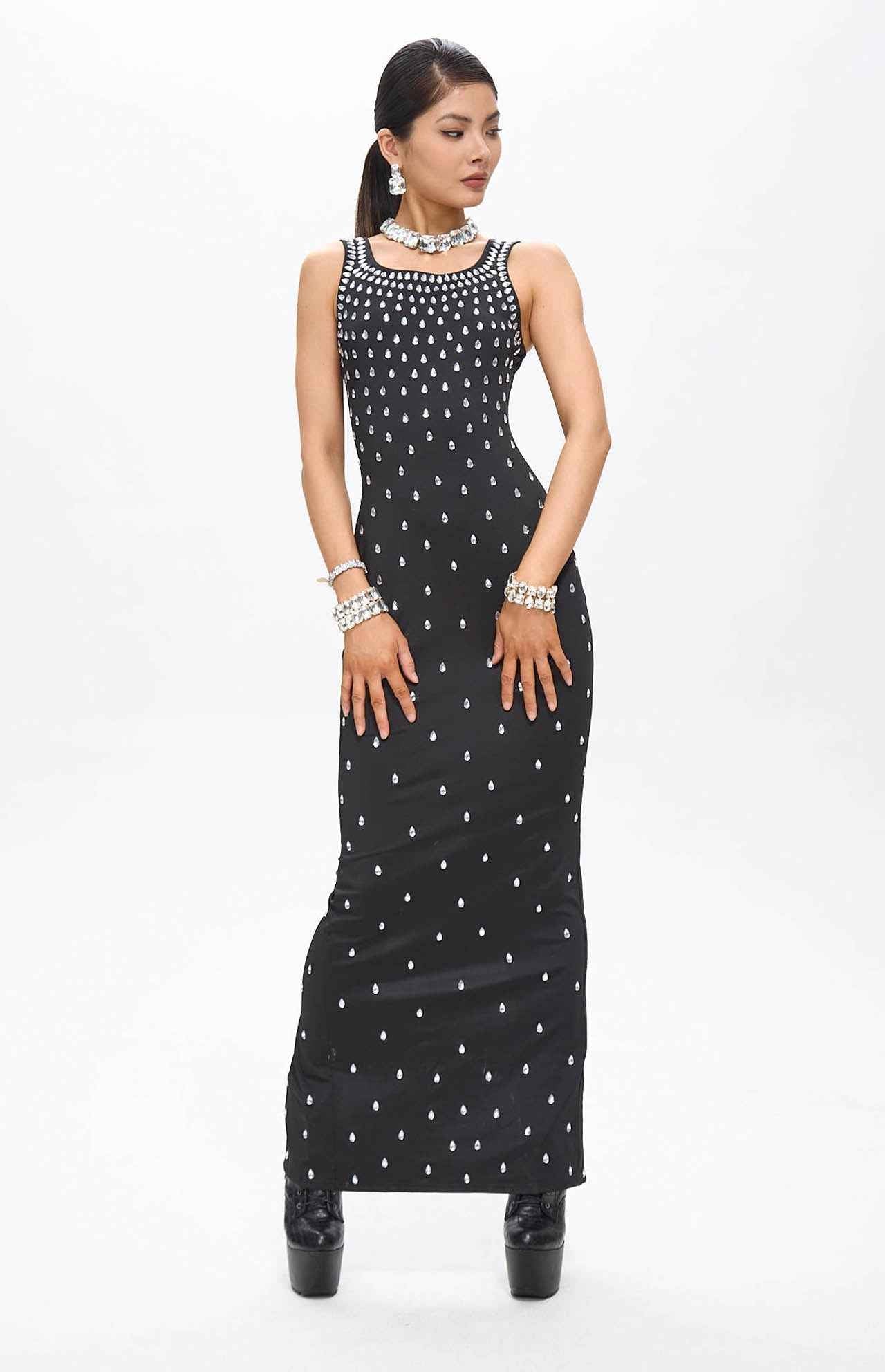 Zaka Black Embellished Crystal Maxi Dress