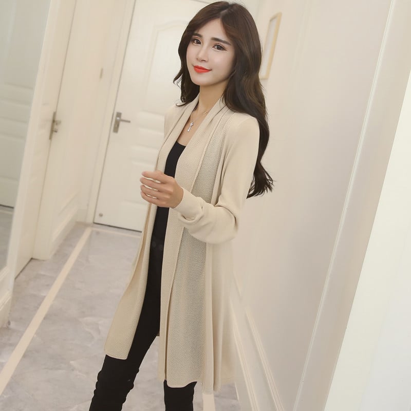 Mid-Length Knitted Sweater Cardigan with Scarf Shawl