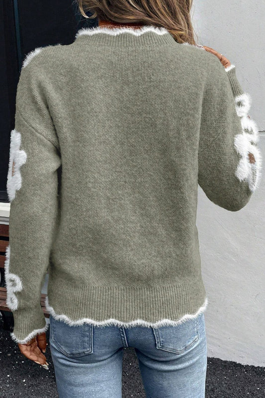 Seagrass Jacquard Floral Scallop V-neck Sweater