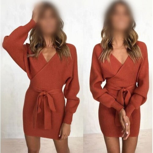 Autumn Ember: Knitted V-Neck Long Sleeve Dress – Orange