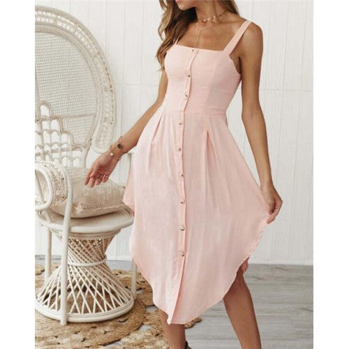 Pink Elegance Shoulder-Strap Dress – Button Detail Chic for Day or Night