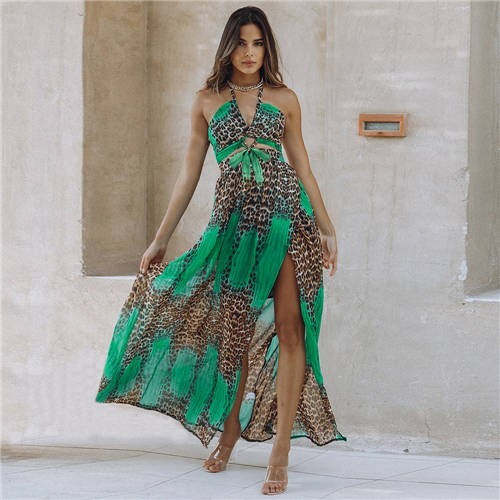 Savanna Luxe: Leopard Embellished Long Summer Dress – Green