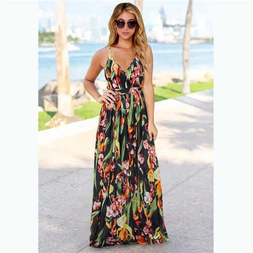 Midnight Bloom: Bohemian Floral Suspender Maxi Dress – Black