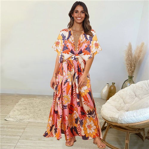 Doll Sleeves V-Neck Design Print Summer Beach Dress - Pink