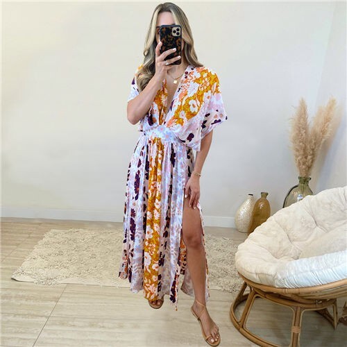 Sunset Bloom V-Neck Maxi Dress – Doll Sleeve Beach Elegance