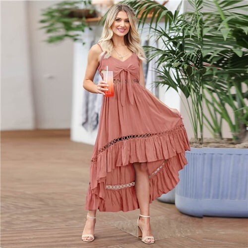 Blush Cascade Lace Maxi Dress – High-Low Charm with a Feminine Twist