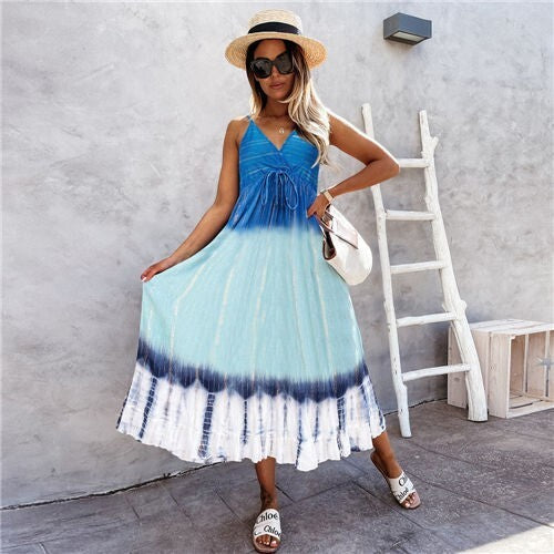 Ocean Haze: Gradient Suspender Beach Dress – Blue