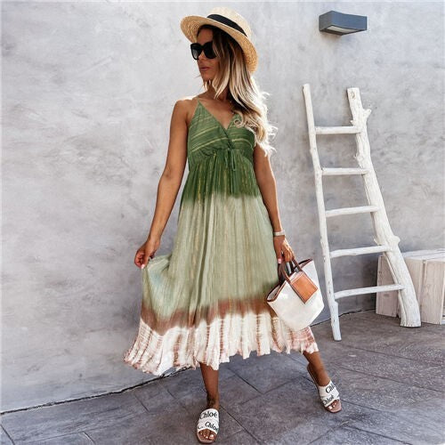 Seafoam Dusk: Gradient Suspender Beach Dress – Green