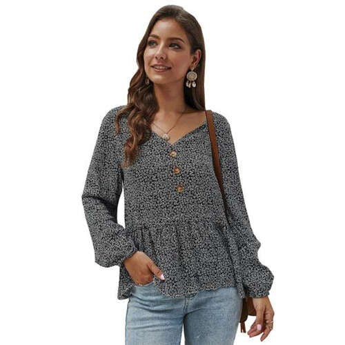 Small Flowers Pattern V-neck Long Sleeves Women Blouse - Black